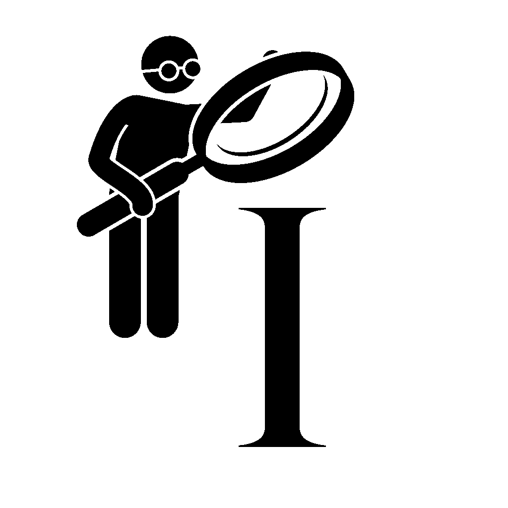 A person icon holding a life sized magnifying glass over and looking down on a capital letter I